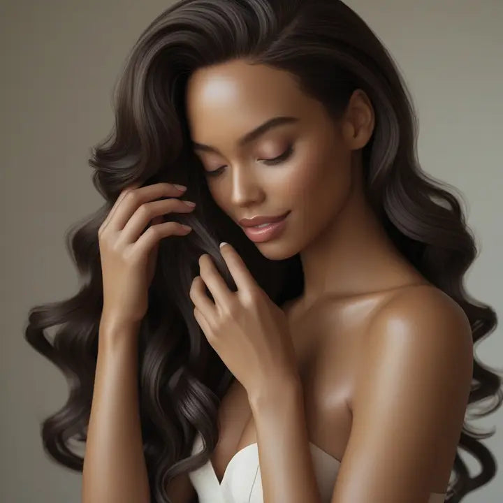 Cheveux longs ondulés et brillants, femme tenant une mèche avec la main