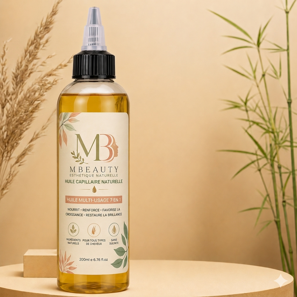 Huile capillaire MB'Hair en flacon ambré avec pompe spray