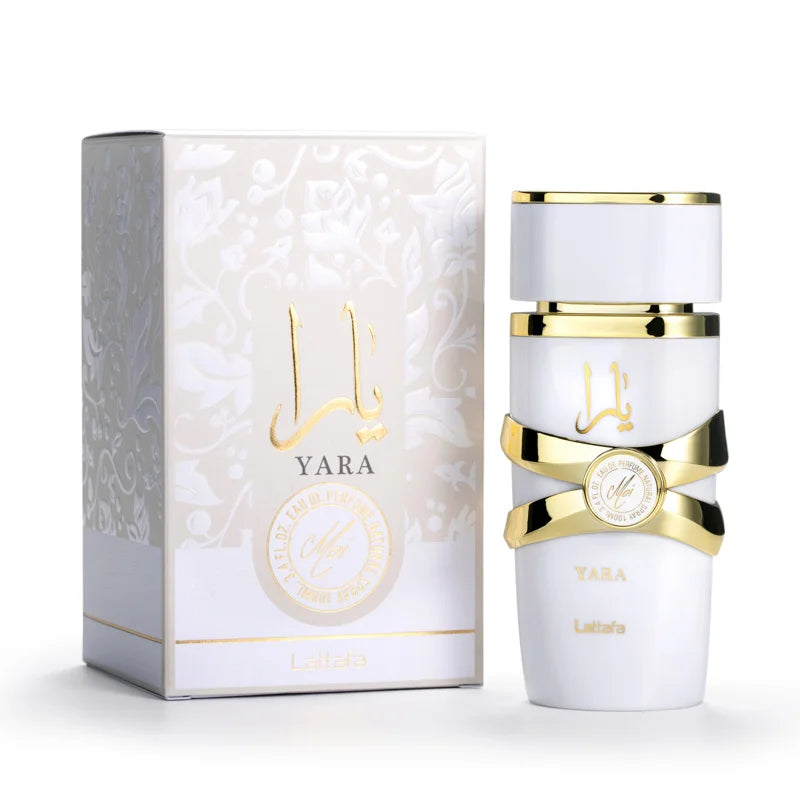 Parfum Yara Yara Blanc, flacon blanc avec bouchon doré et anneau noir