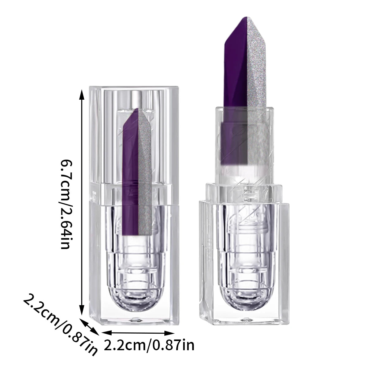 Rouge à lèvres violet changeant en tube transparent, dimensions indiquées