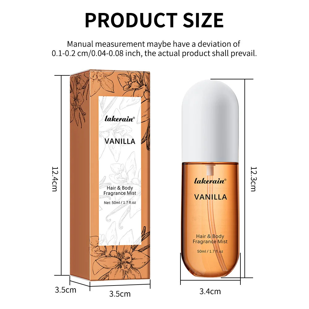 Brume corps et cheveux lakerain, flacon transparent au liquide ambré Vanilla