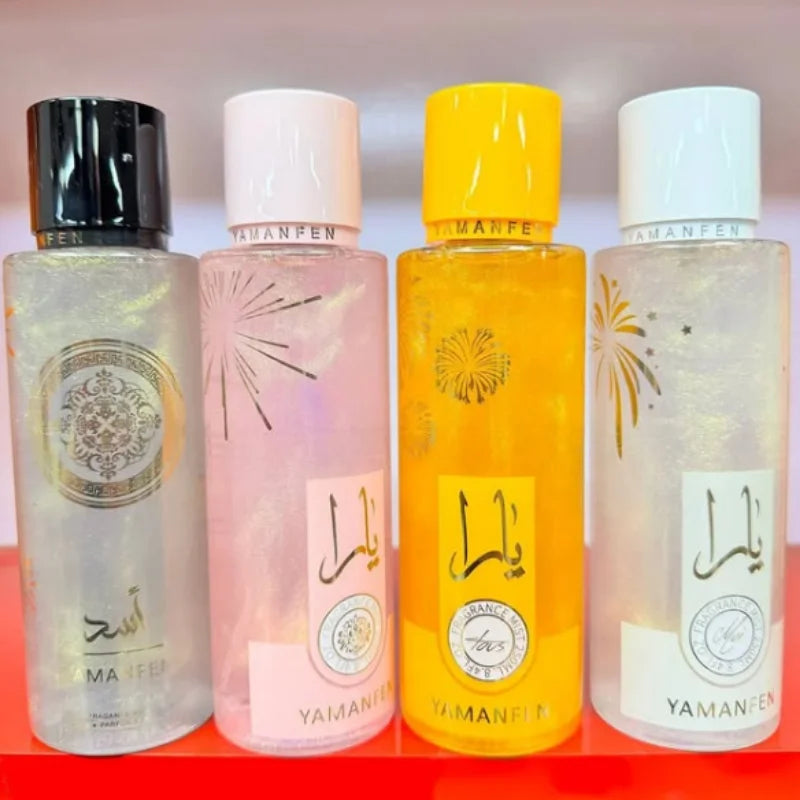 Brumes corporelles en flacons transparents aux couleurs blanche, rose et jaune