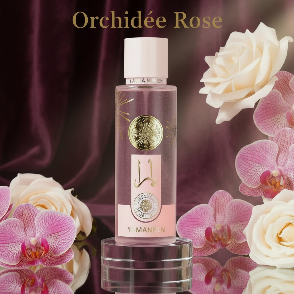 Brume corporelle Orchidée Rose : flacon violet rosé, bouchon blanc, décor floral