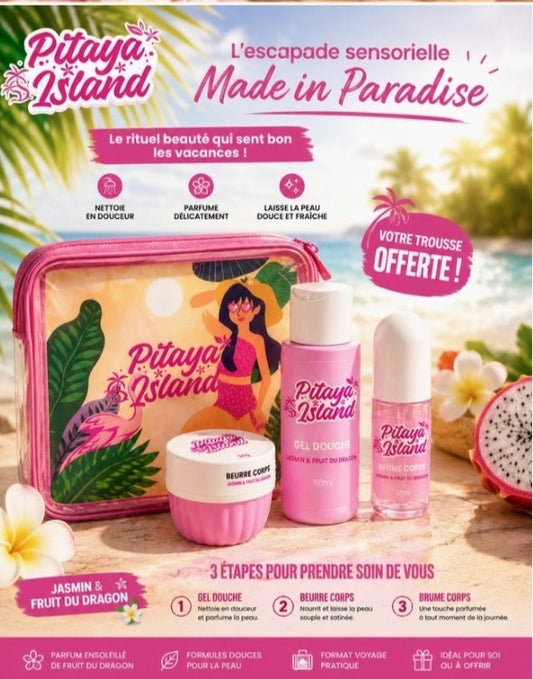 Trousse de toilette à zip rose, motif Pitaya Island et coffret soins assorti
