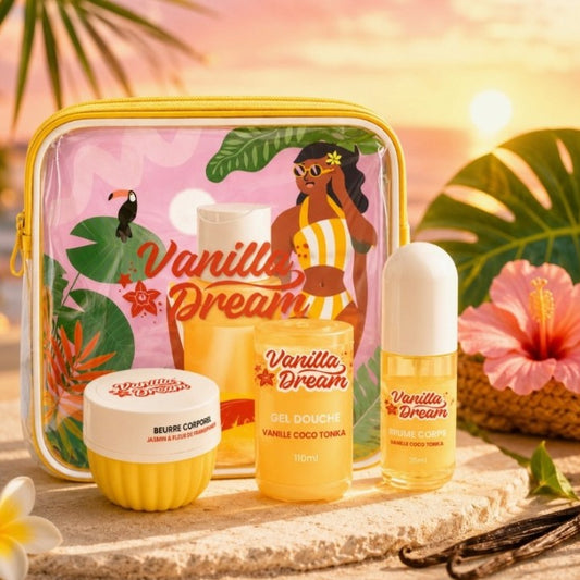 Trousse de toilette transparente à zip jaune, motif vanille dream et accessoires assortis