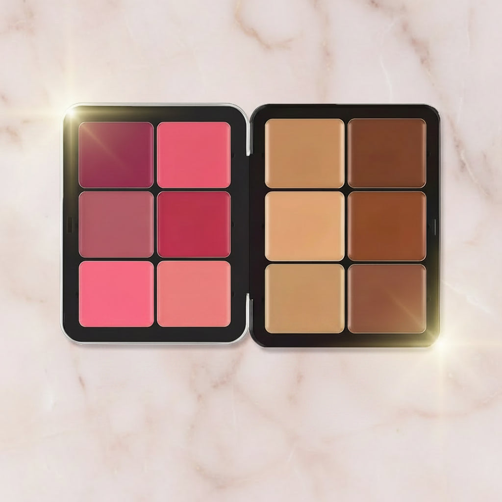 Palette blush compacte 12 couleurs, fards rosés et bruns, format avec 12 compartiments.