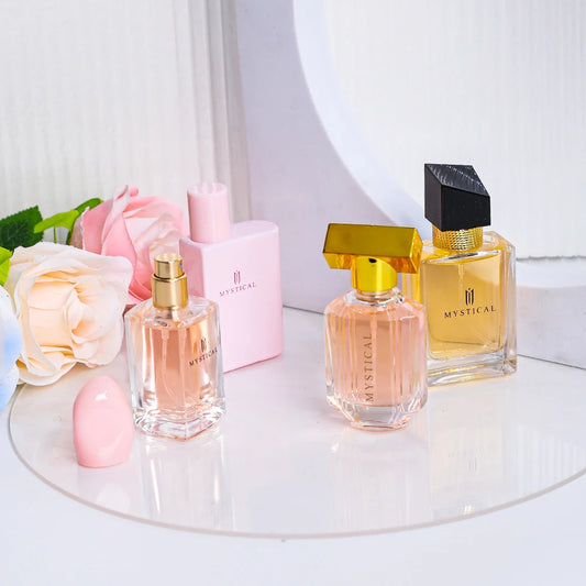 Coffret Découverte : flacons parfum rose et ambre, capuchons dorés