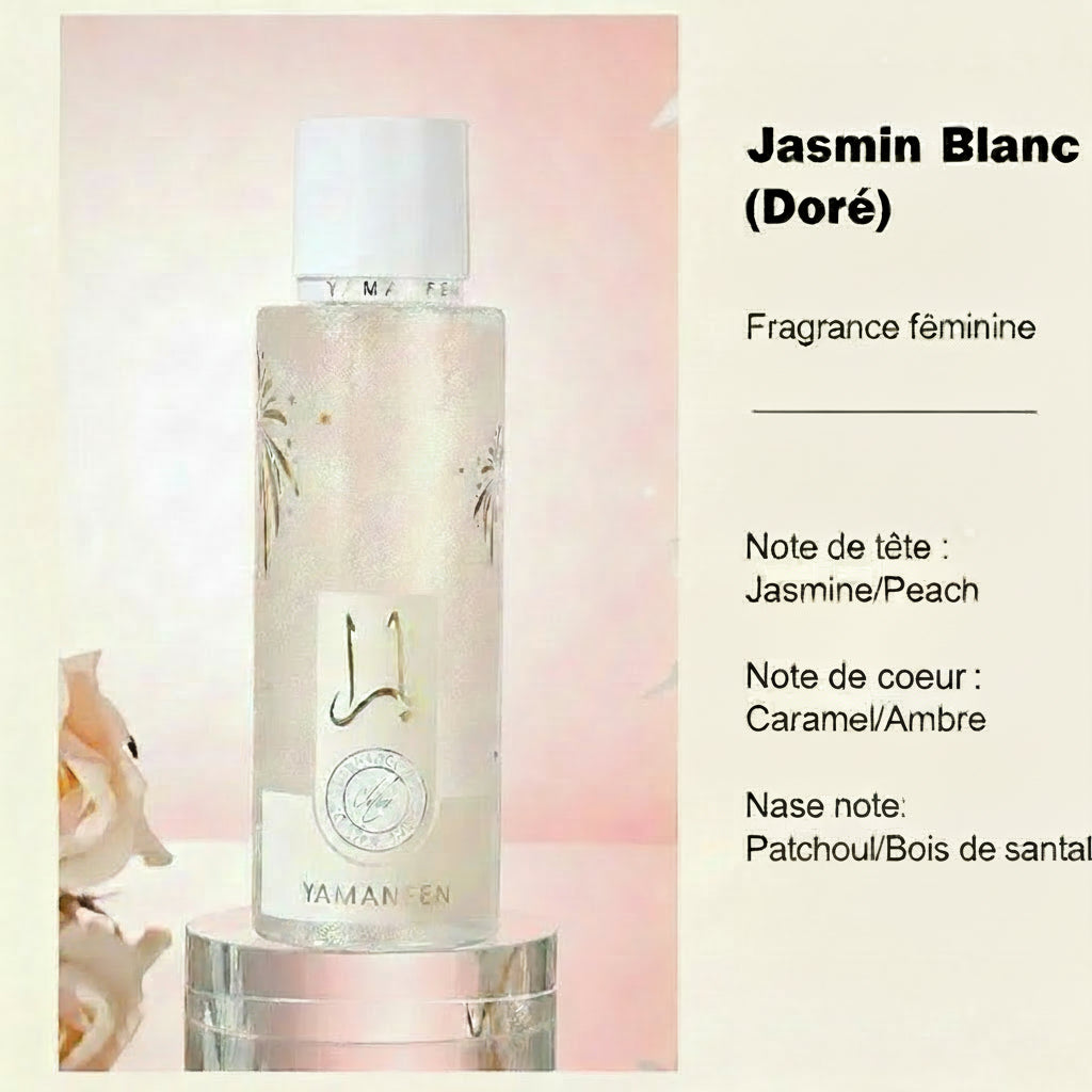 Brume corporelle Jasmin Blanc (Doré) : flacon blanc perlé, bouchon blanc