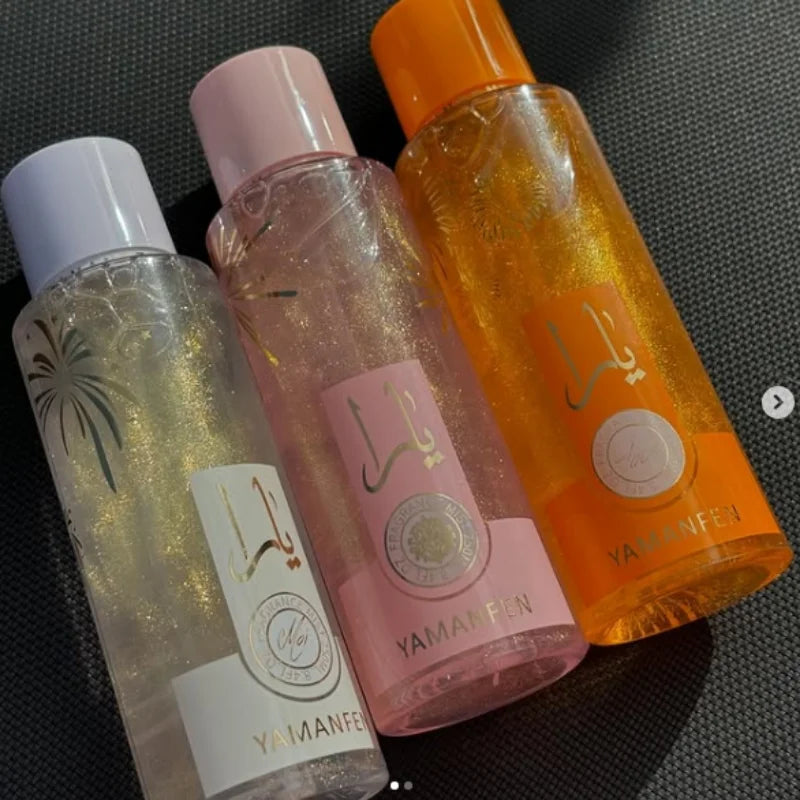 Brume corporelle en flacons gris, rose et orange avec logo YAMANFEN