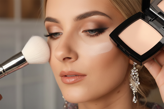 Poudre libre fixante transparente, boîtier noir et miroir, application au pinceau