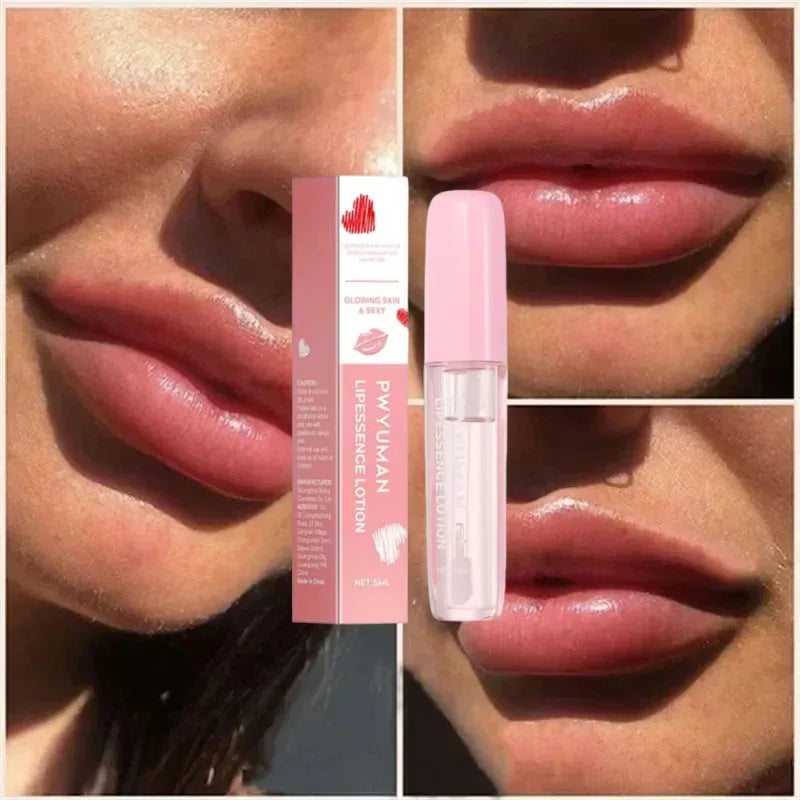 Gloss repulpant instantané en tube transparent, près d’une boîte, lèvres roses brillantes