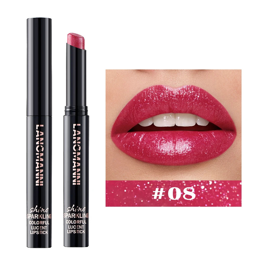 Rouge à lèvres #08 nacré diamant, lèvres rouge rosé au fini nacré pailleté