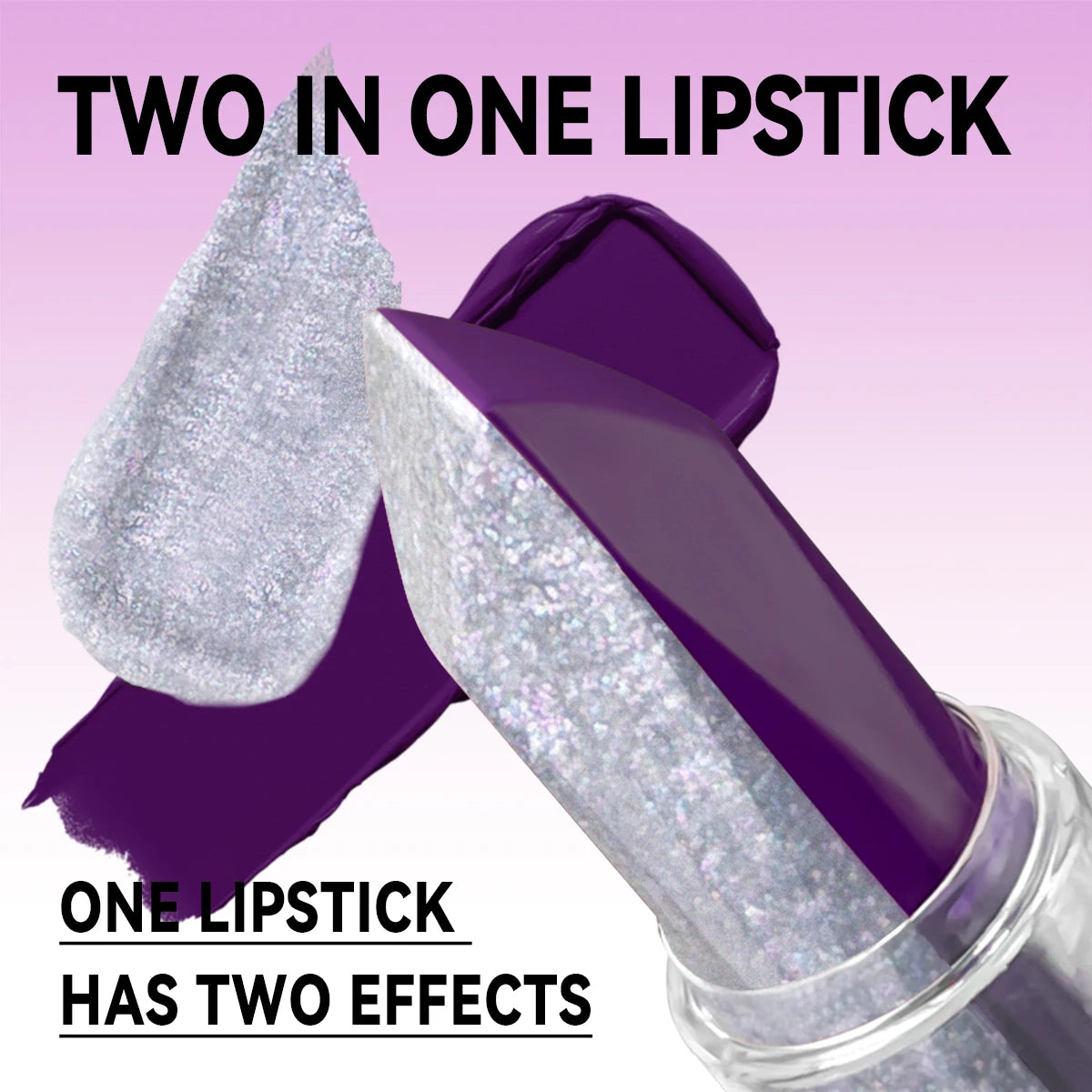 Rouge à lèvres violet irisé, tube transparent, double effet en un seul produit