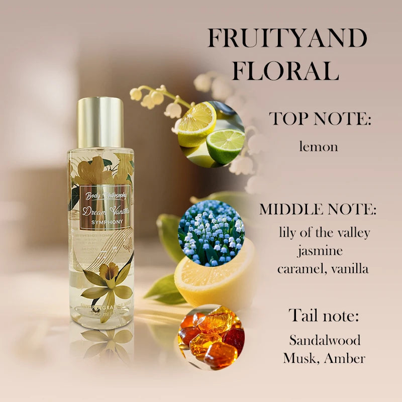 Brume corps et cheveux en flacon spray, liquide doré translucide avec capuchon doré