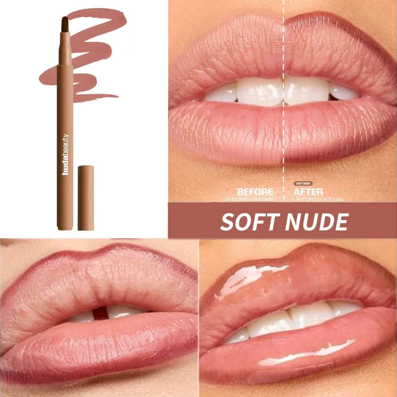 Blush liquide Huda Beauty Soft Nude : tube et rendu sur les lèvres avant/après
