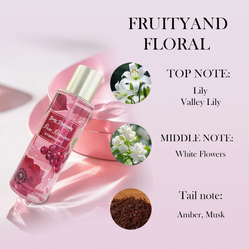 Brume corps et cheveux Pure Romance, flacon rosé transparent, bouchon doré