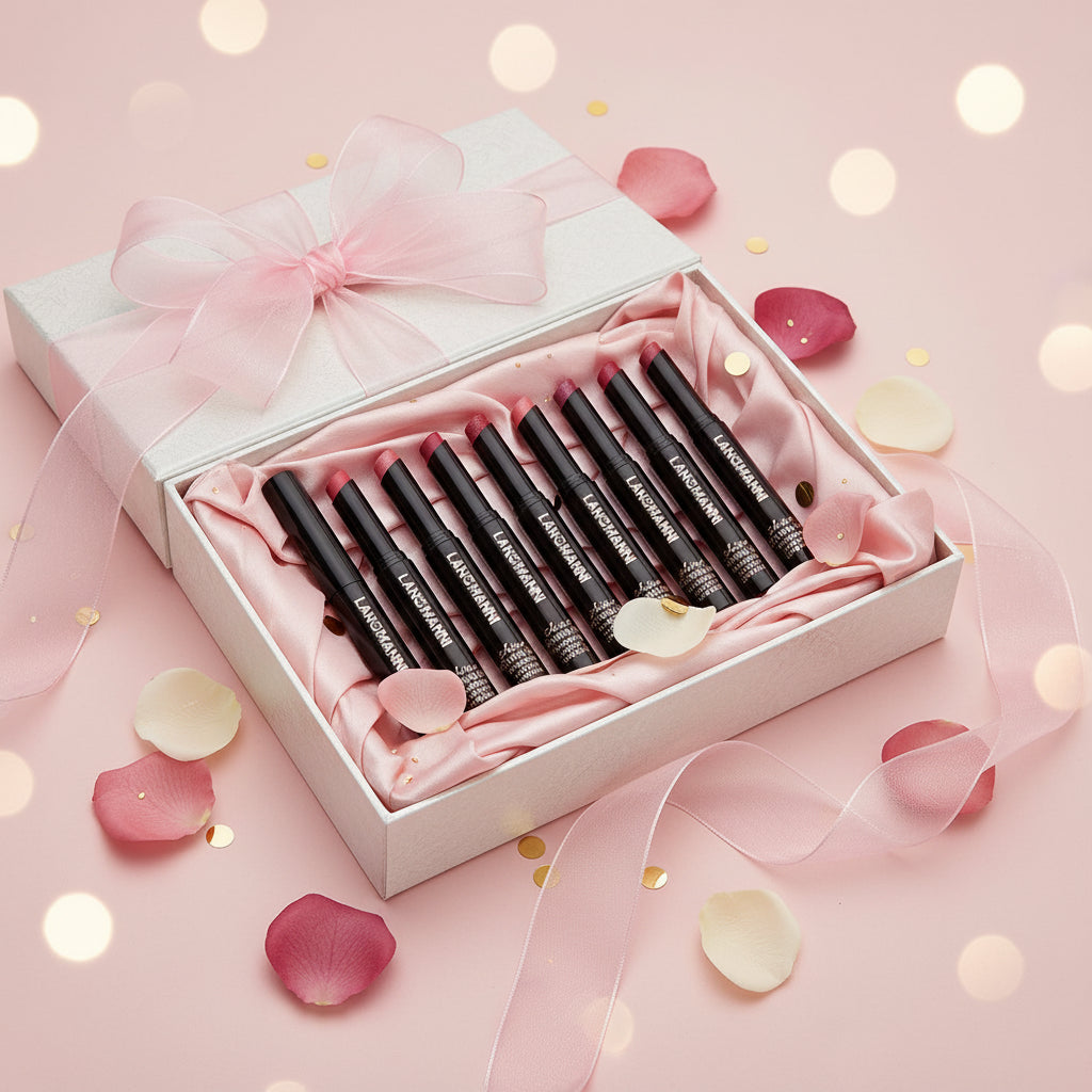 Rouge à lèvres nacré diamant, tubes noirs avec embouts rosés, plusieurs teintes