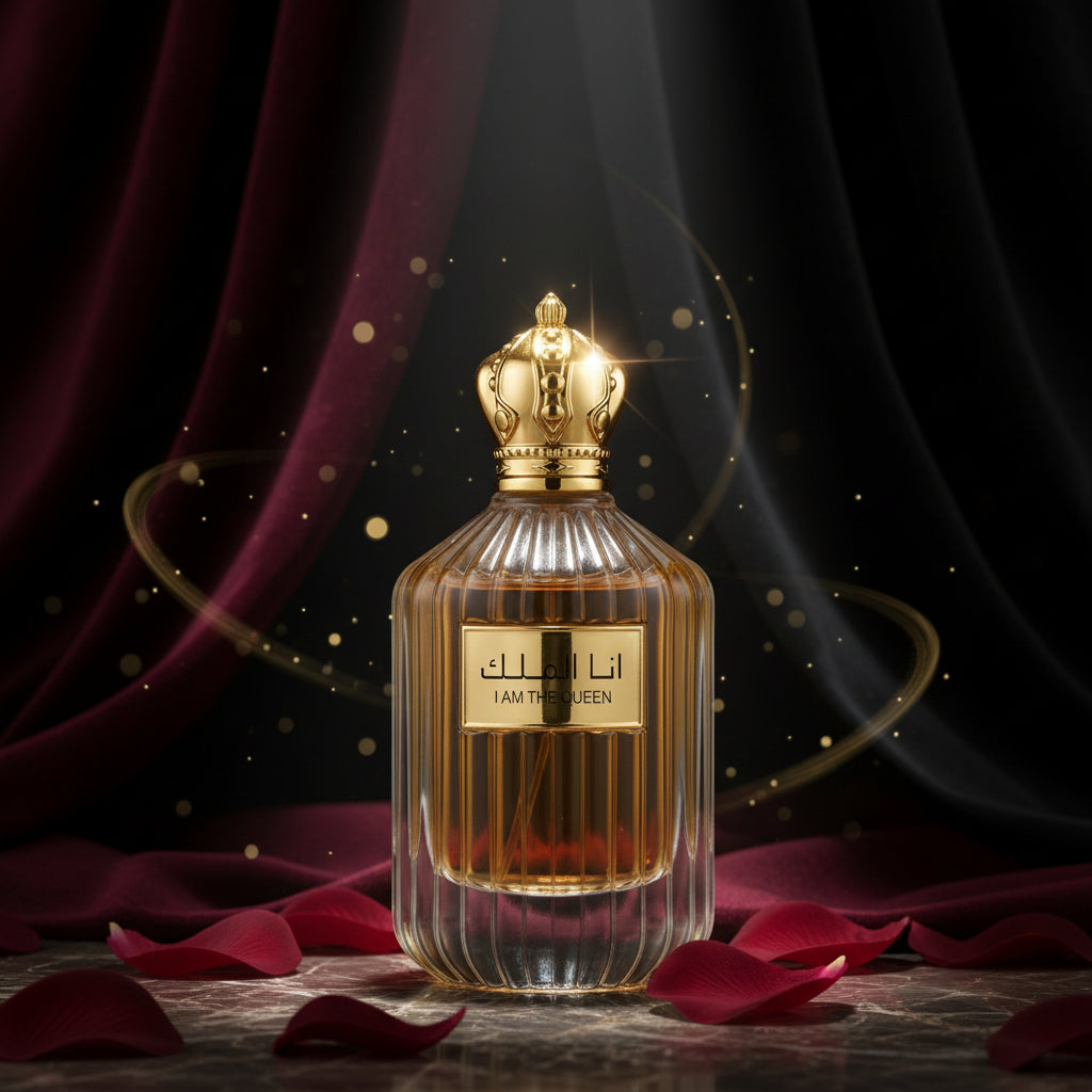 Flacon de parfum I Am The Queen, bois, ambre & épices, verre ambré, bouchon couronne dorée