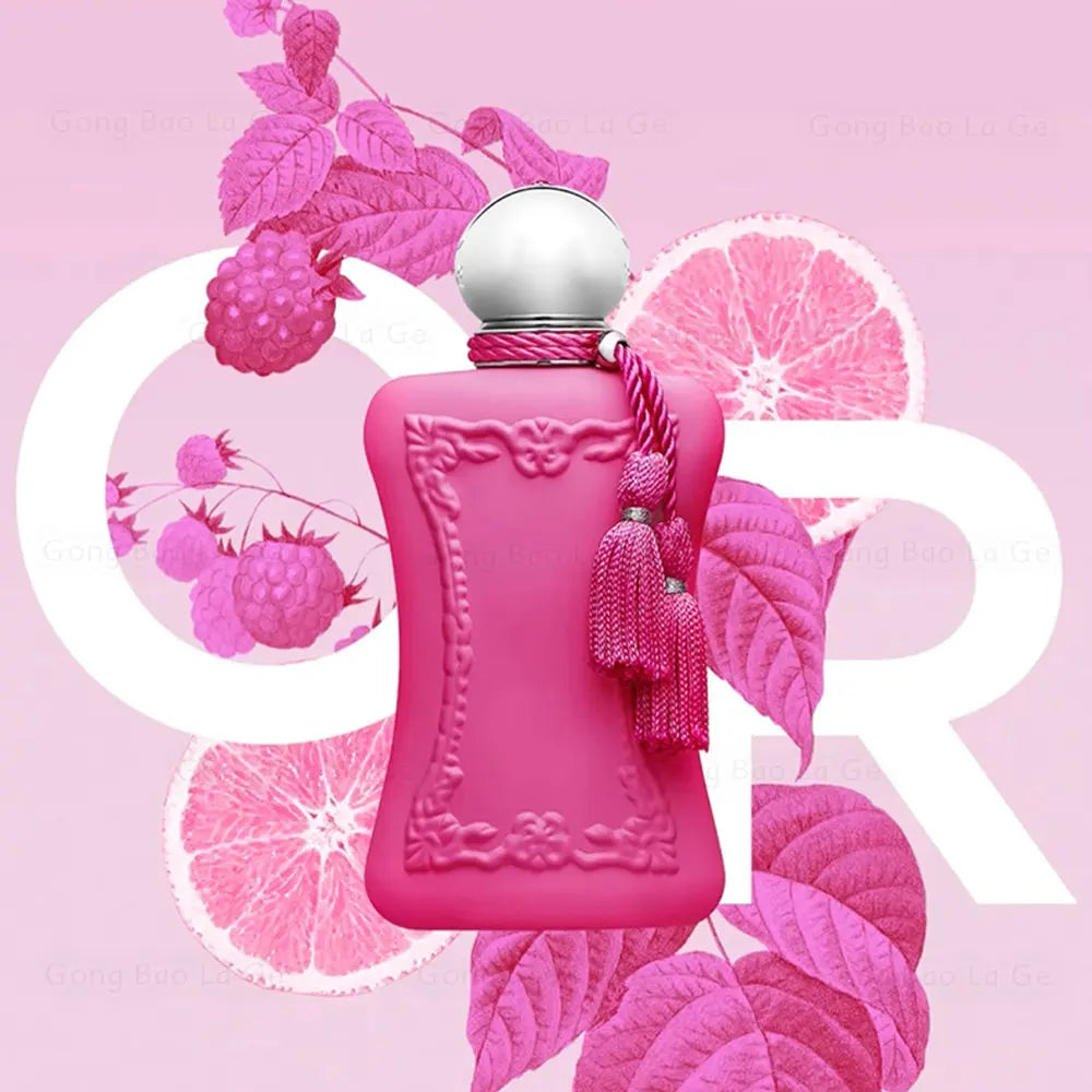 Parfum Séléna, flacon rose foncé avec bouchon argent et pompon tressé