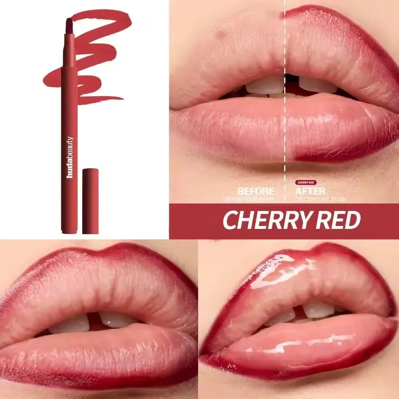 Crayon contour des lèvres rouge cerise, avec capuchon, et lèvres avant/après