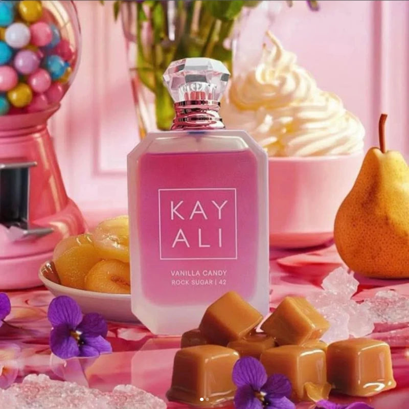 Parfum Kay Ali “Vanilla Candy Rock Sugar 42”, flacon rose-violet, bouchon transparent doré