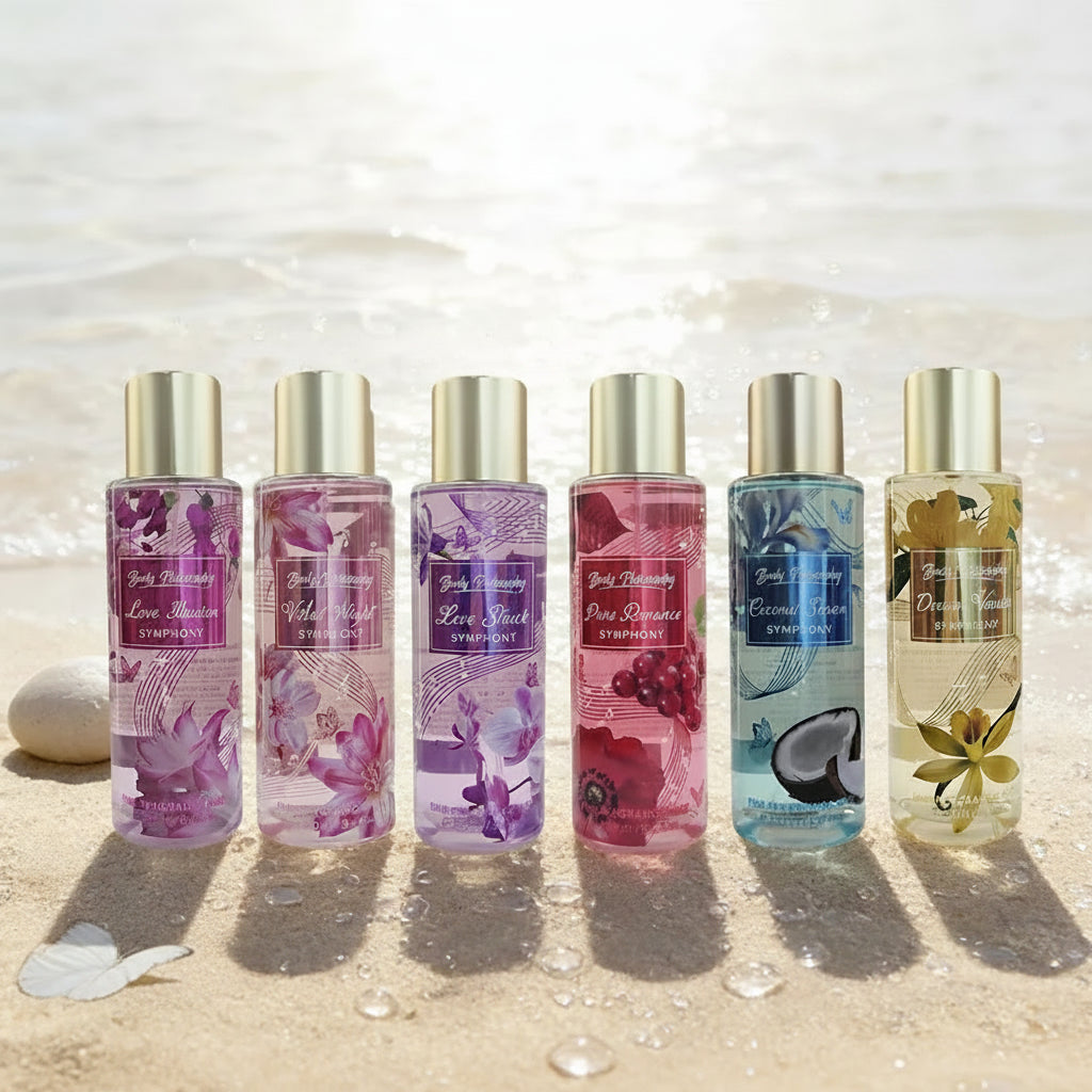 Coffret de brumes corps et cheveux, 6 flacons spray translucides aux tons violet, rose et bleu