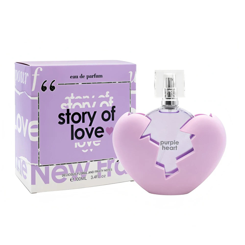 Coffret parfum et flacon cœur violet, inscription “purple heart”