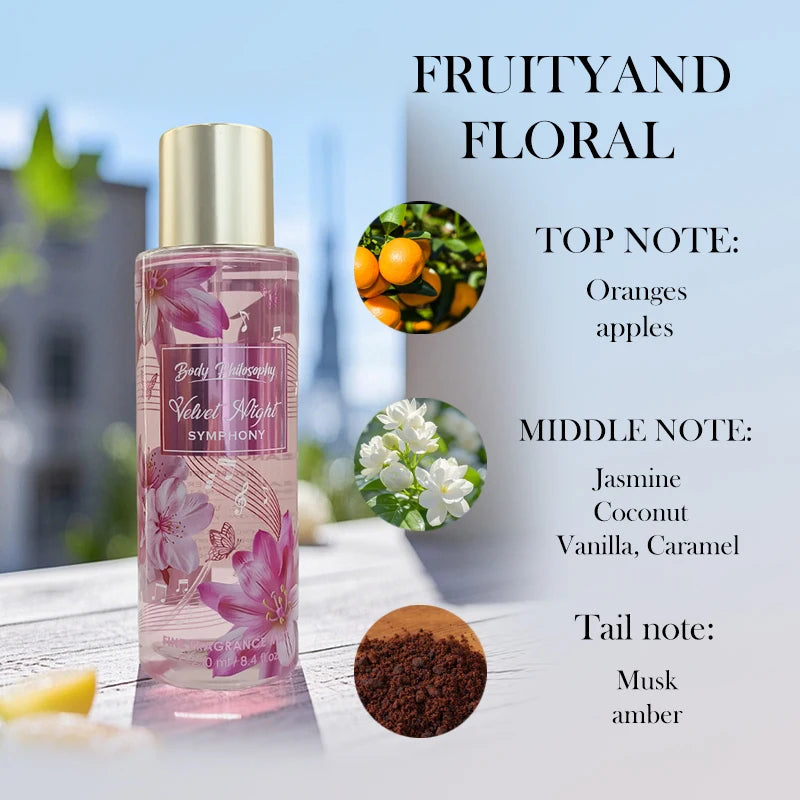 Brume corps et cheveux en flacon spray, liquide rosé transparent et capuchon doré