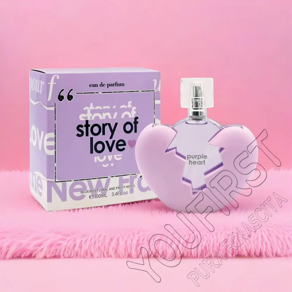 Flacon parfum en cœur violet, boîte assortie, bouchon transparent
