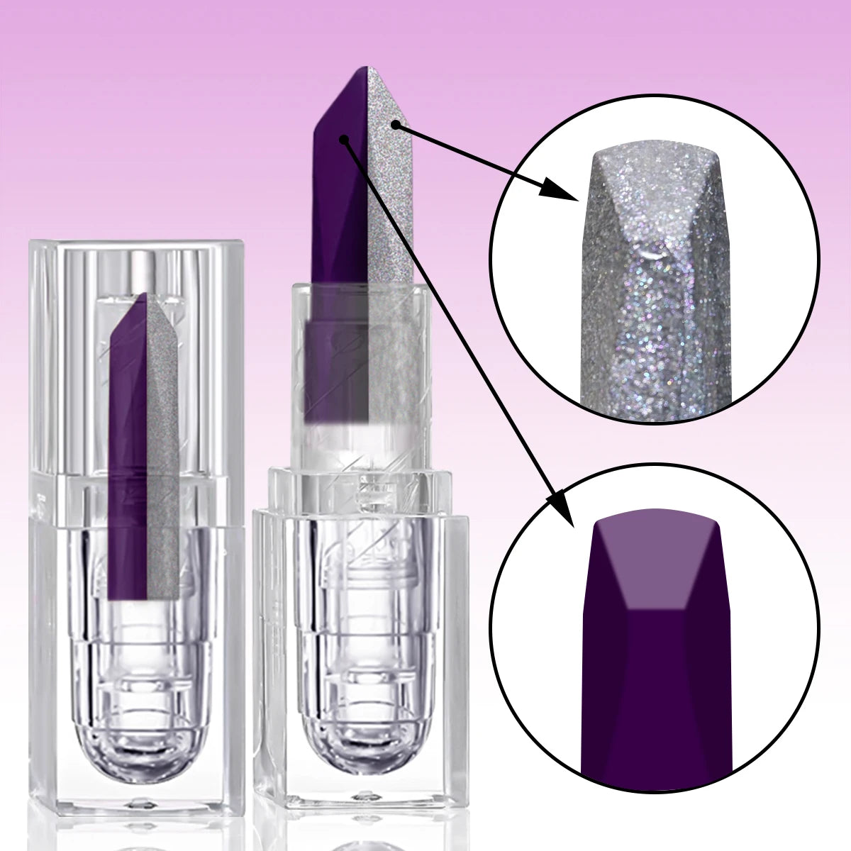 Deux effets dans un même rouge à lèvres : embout violet et embout pailleté argent
