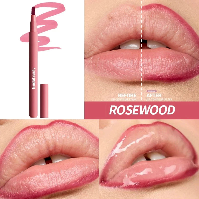 Blush liquide Huda Beauty RoseWood : tube et rendu sur les lèvres avant/après