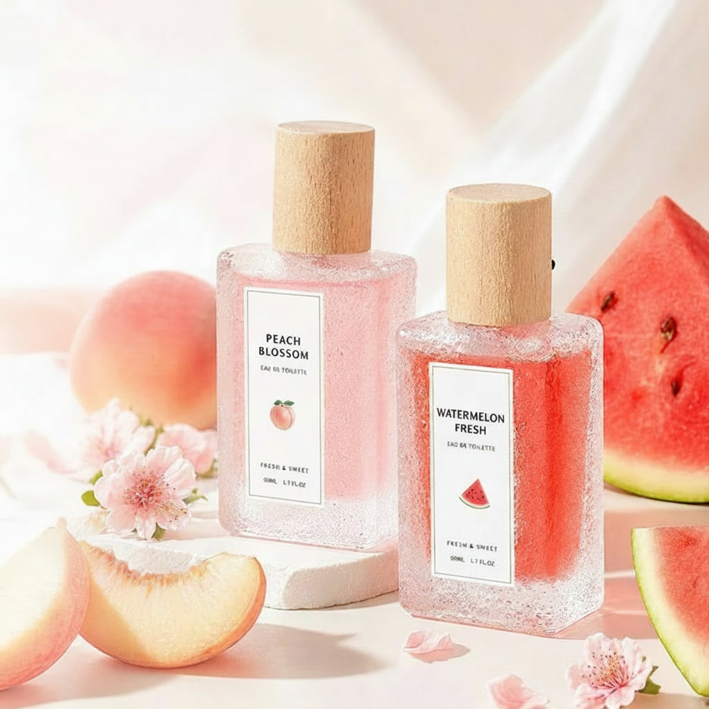 Coffret de 2 flacons de parfum à l’aspect gel, bouchons en bois, rose et rouge.