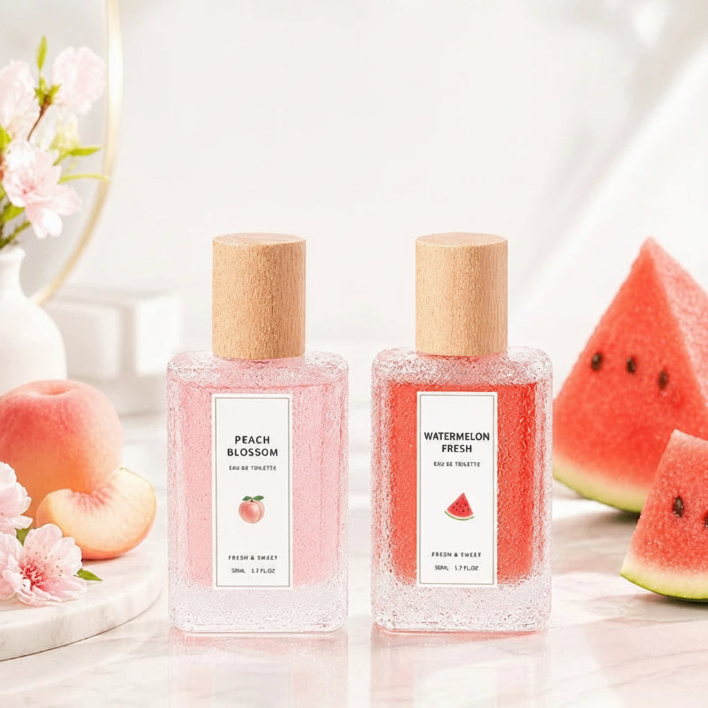 Deux flacons de parfum rectangulaires givrés, bouchons en bois, rose et rouge.