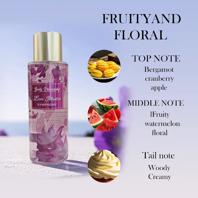 Brume corps et cheveux Love Illusion, flacon violet rosé transparent, bouchon doré