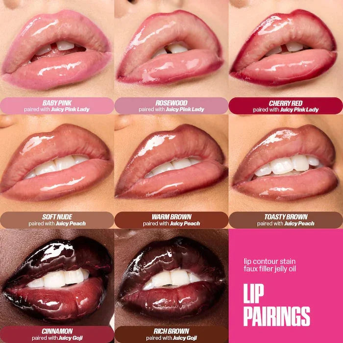 Swatches de crayons contour des lèvres sur lèvres : rose, rouge cerise, brun et nude