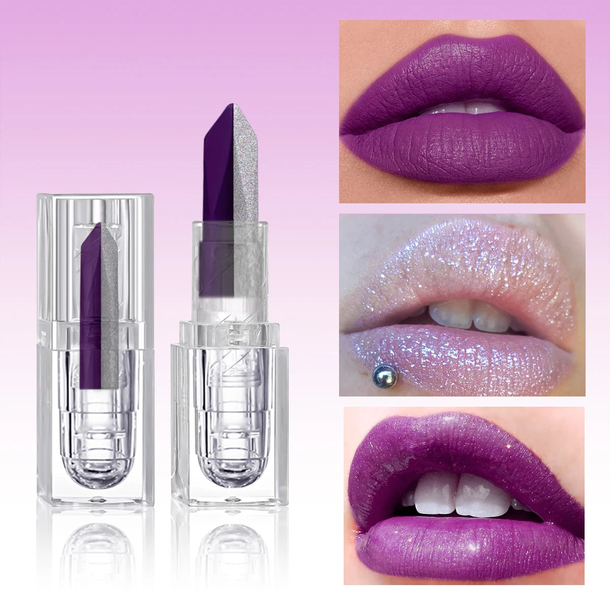 Rouge à lèvres violet changeant : deux finitions, lèvres violet intense et pailletées