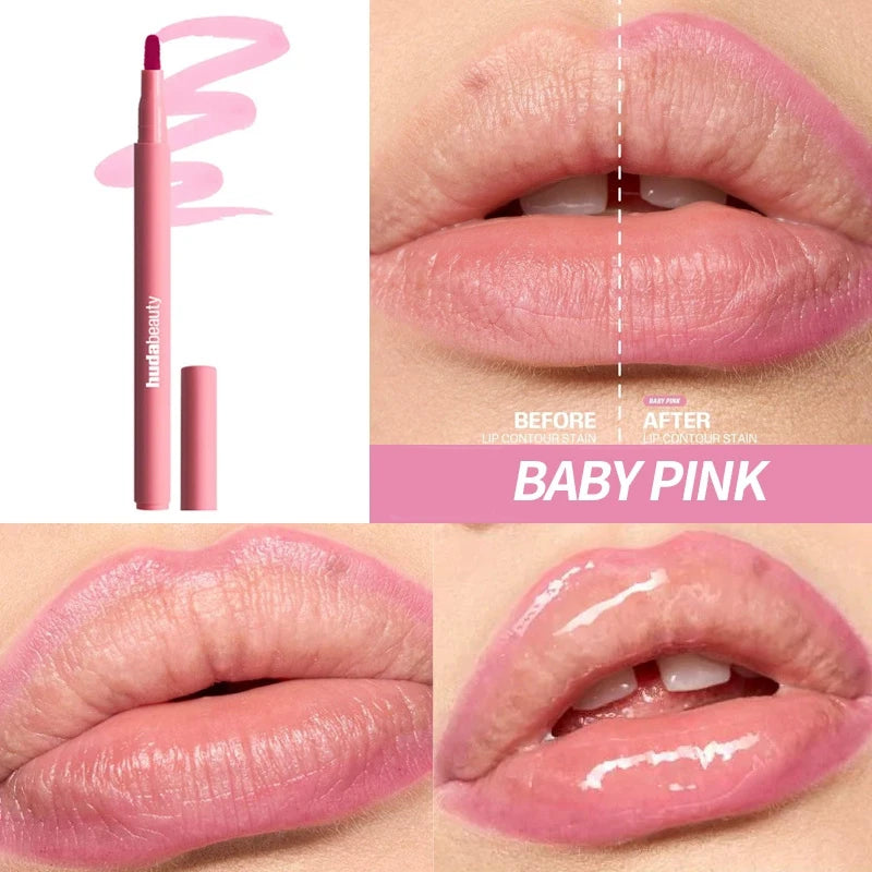 Crayon contour des lèvres rose bébé, teinte appliquée sur les lèvres