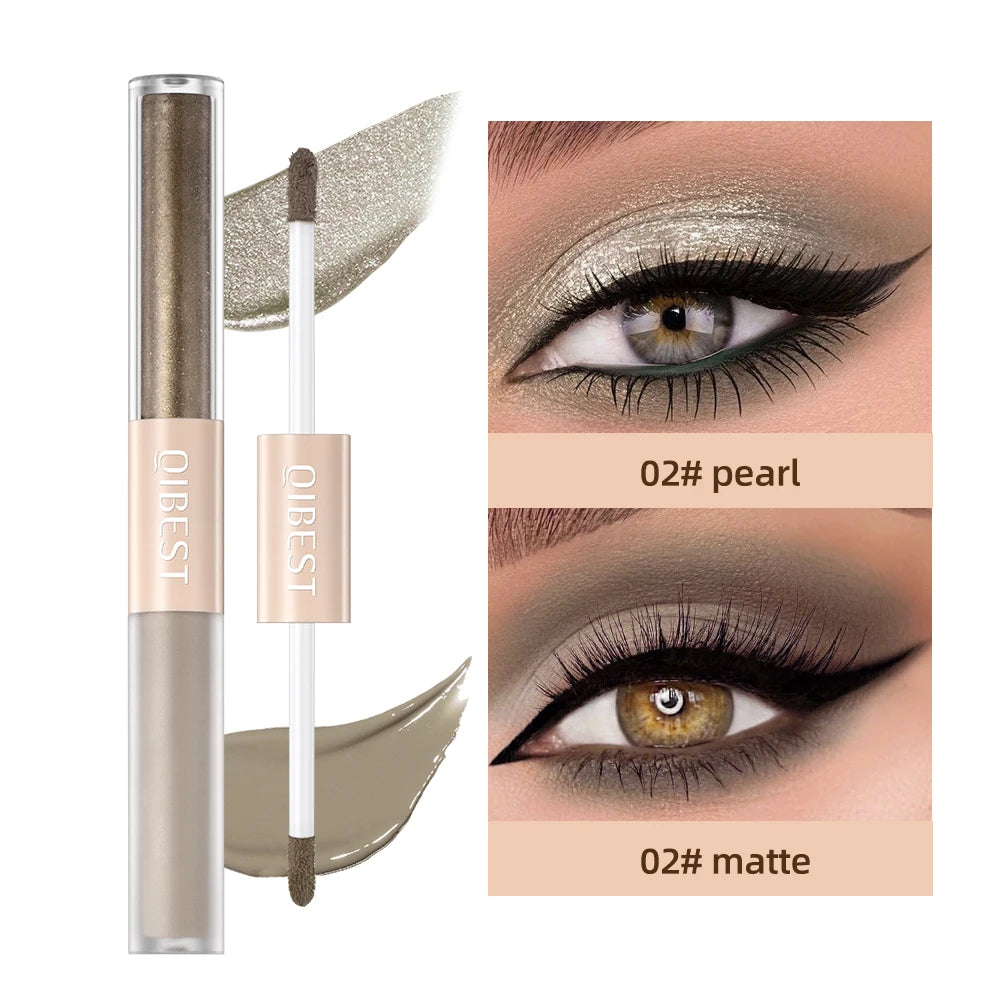 Crayon fard 02# pearl et 02# matte, applicateur et teintes sur paupière