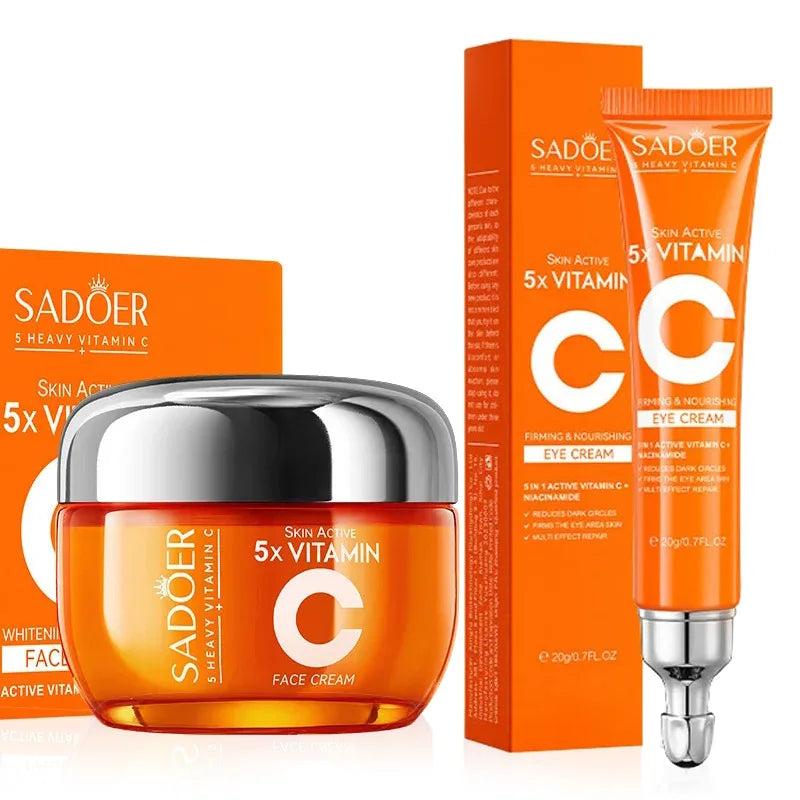 Pot et tube crème contour des yeux à la vitamine C, packaging orange
