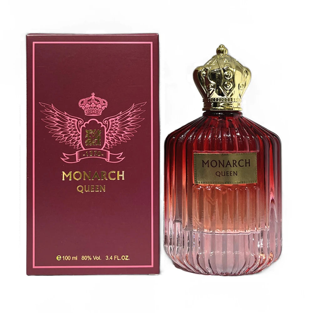 Coffret et flacon rouge I Am The Queen, couronne dorée, liquide ambré