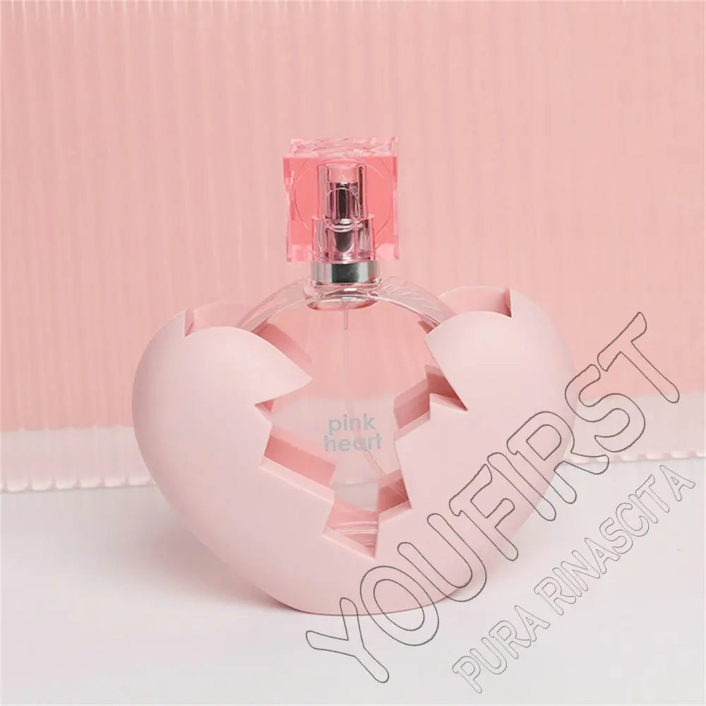 Flacon parfum cœur rose, inscription “pink heart”, bouchon transparent
