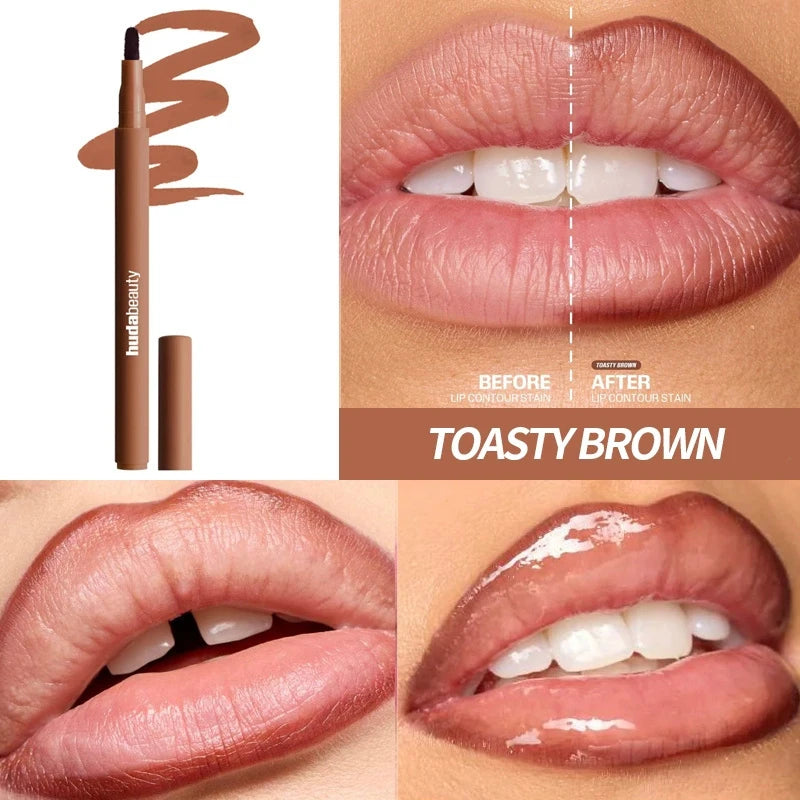 Blush liquide Huda Beauty Toasty Brown, rendu sur lèvres avant et après