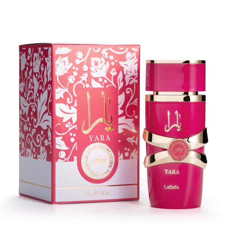 Parfum Yara Yara Rose, flacon fuchsia avec bouchon doré et anneau noir
