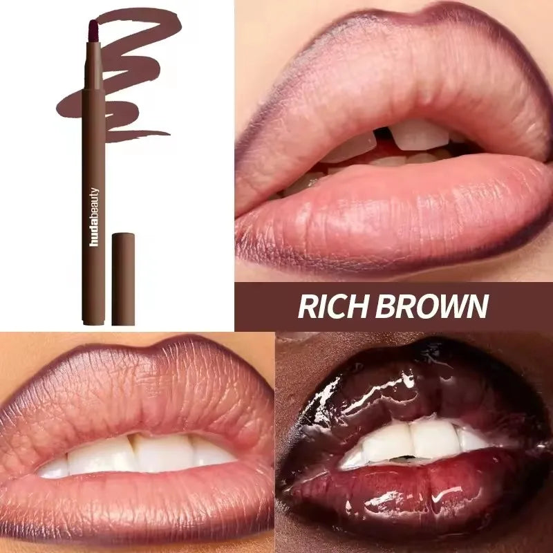 Crayon contour des lèvres brun riche, avec embout, sur lèvres avant/après