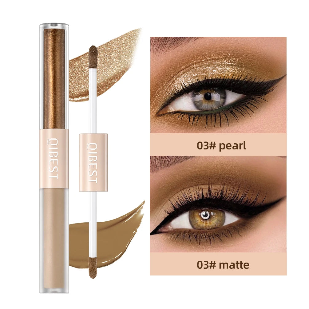 Crayon fard 03# pearl et 03# matte, applicateur et teintes cuivrées sur paupière