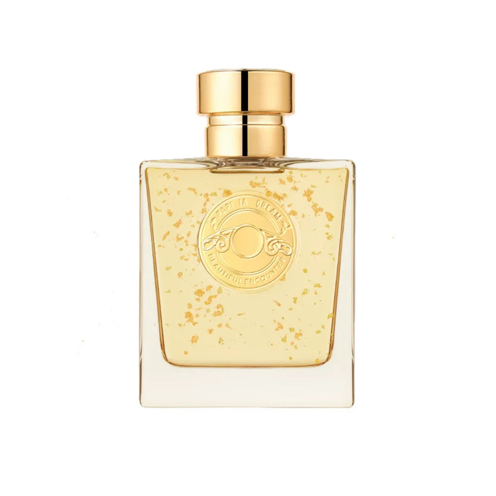 Parfum léger Couleur 02, flacon carré jaune pâle à paillettes, bouchon doré
