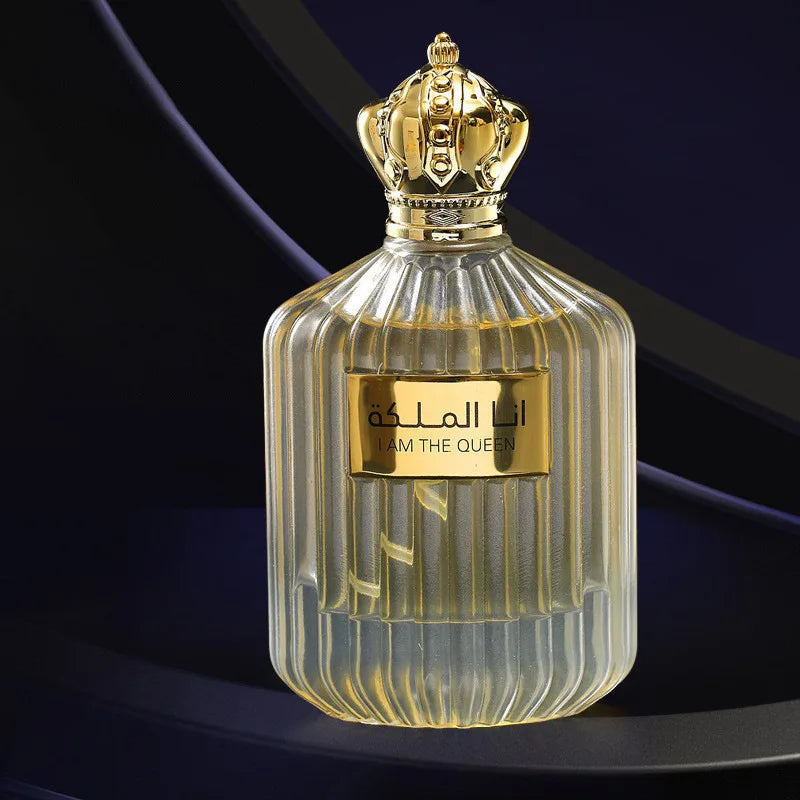 Flacon I Am The Queen couronne dorée et étiquette, verre côtelé, liquide ambré