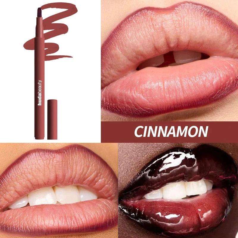 Blush liquide Huda Beauty Cinnamon : tube et rendu sur les lèvres avant/après