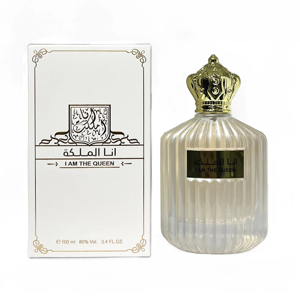 Coffret et flacon blanc I Am The Queen, couronne dorée, liquide clair