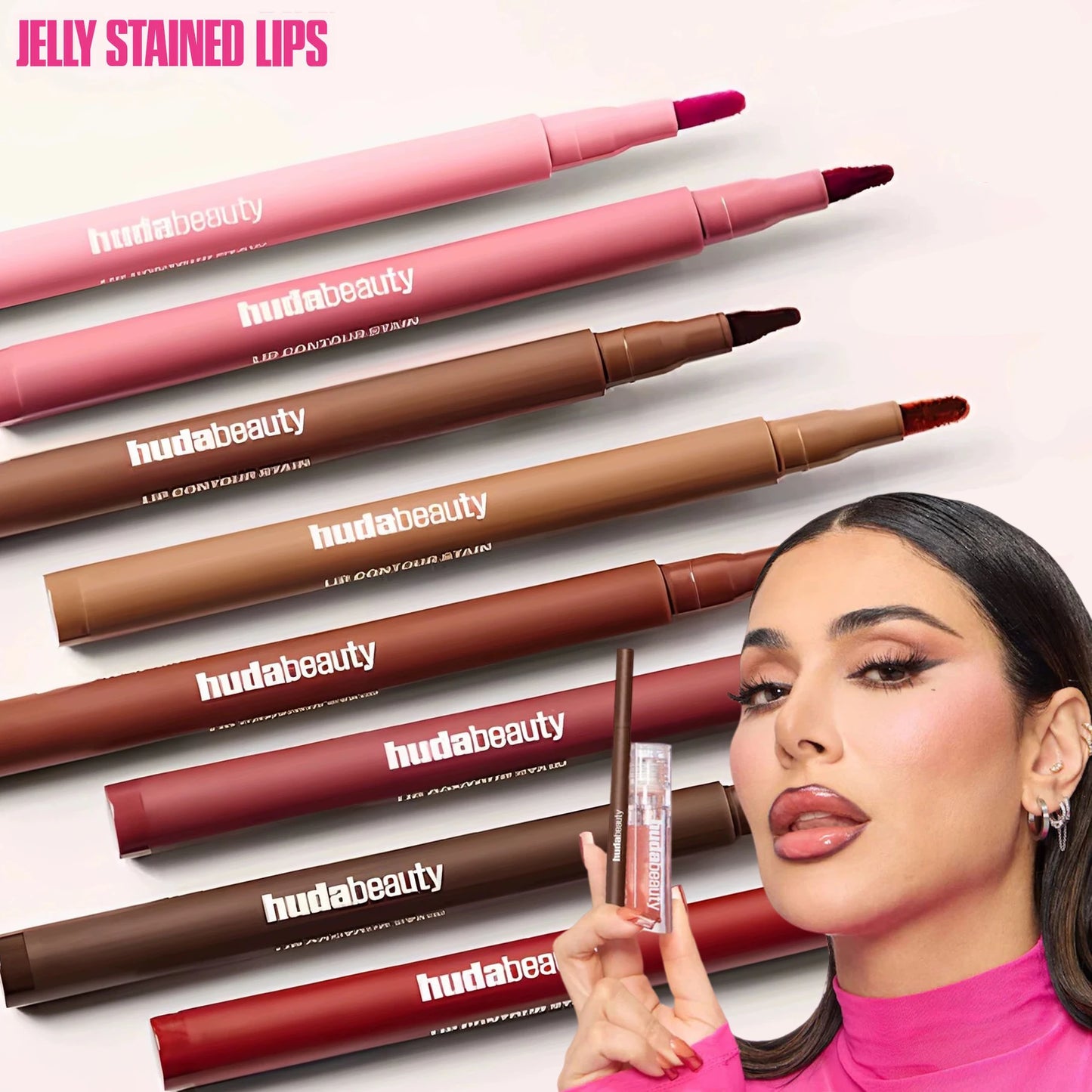 Crayons contour des lèvres de teintes nude, rose et chocolat, avec une pointe visible